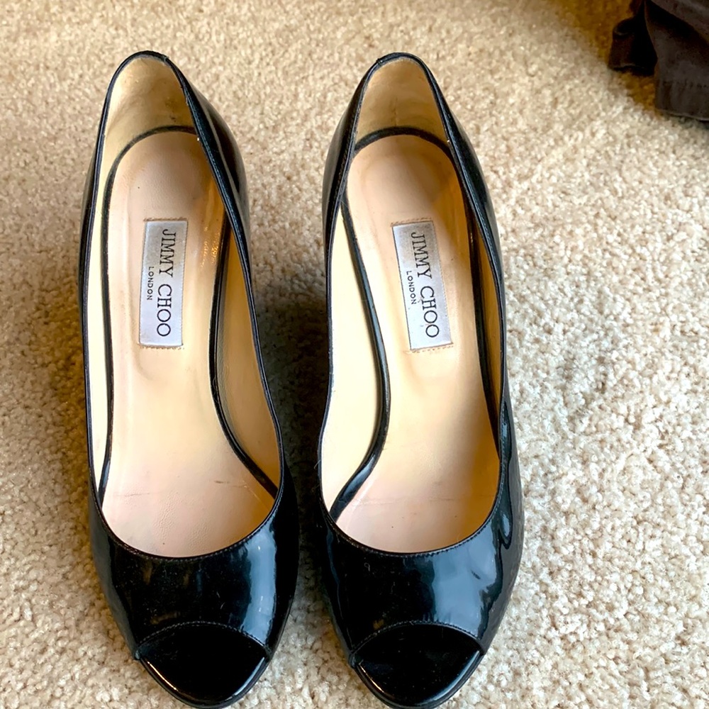 Jimmy Choo 39 or 8 Black patent wedge heels
